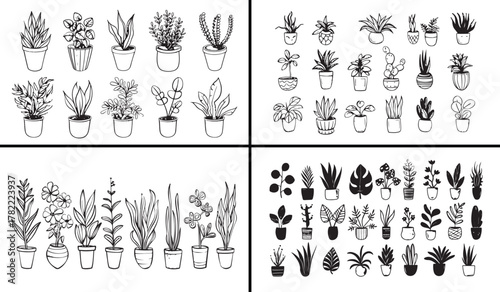 indoor plant illustration, succulent doodle drawing, potted plants artwork, home greenery design, botanical line art, cactus vector sketch, nature indoor illustration, hand drawn pot plants, minimali