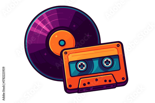 Vibrant purple vinyl record and orange audio cassette tape symbolizing retro music culture