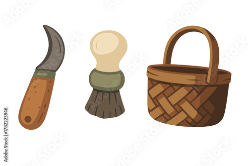 Set of essential equipment for wild mushroom picking including a curved knife, cleaning brush, and wicker basket