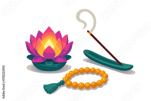 Glowing lotus flower, burning incense stick, and prayer beads for spiritual meditation