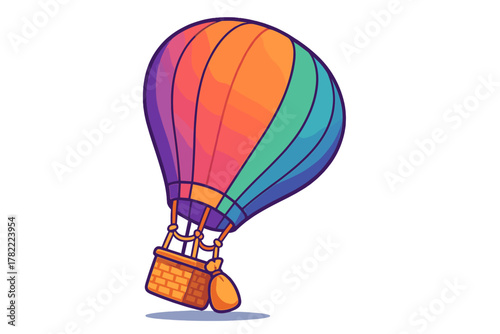 Vibrant hot air balloon floating in the sky with a wicker basket and colorful striped canopy