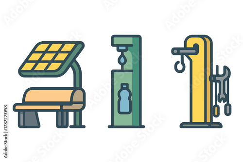 Solar bench, water refill station, and bicycle repair stand public amenities