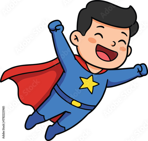 Cute cartoon boy superhero flying in blue costume with red cape and yellow star, fun kids fantasy illustration concept