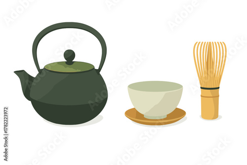 Japanese matcha tea ceremony tools including dark green teapot, chawan bowl, and bamboo whisk