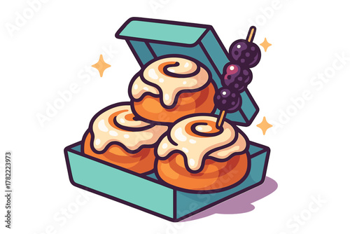 Three sweet cinnamon rolls topped with creamy frosting inside an open takeout box with a berry skewer