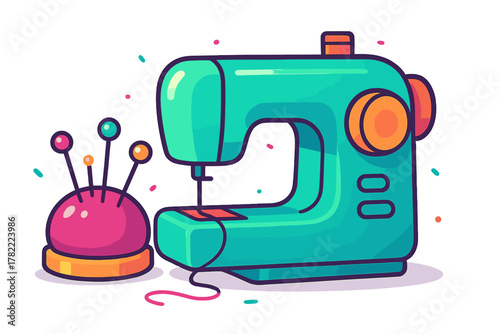 Stylized teal sewing machine next to a pink pincushion filled with colorful needles and thread