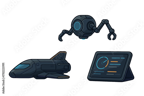 Dark futuristic technology icons set featuring a flying drone, space shuttle, and control tablet display