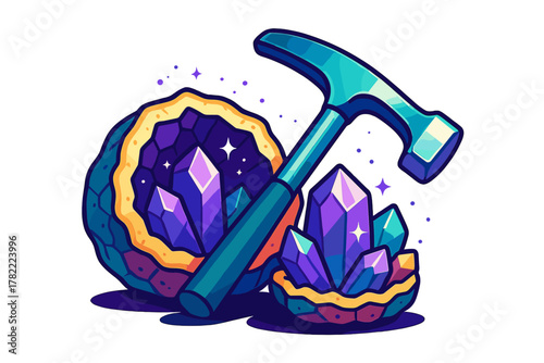 Brightly colored geological tools and sparkling amethyst crystals inside a split geode formation