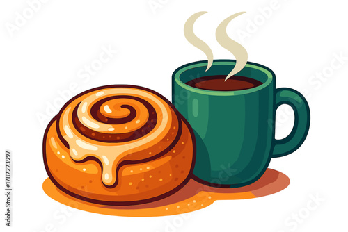 Cinnamon roll pastry with sweet icing next to a steaming hot beverage in a green mug