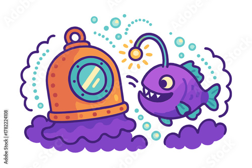Purple anglerfish swimming near vintage deep sea diving helmet with bubbles