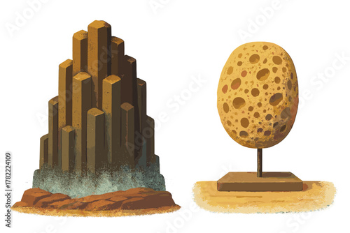 Textured abstract geological column formation and porous egg-shaped object on a display stand