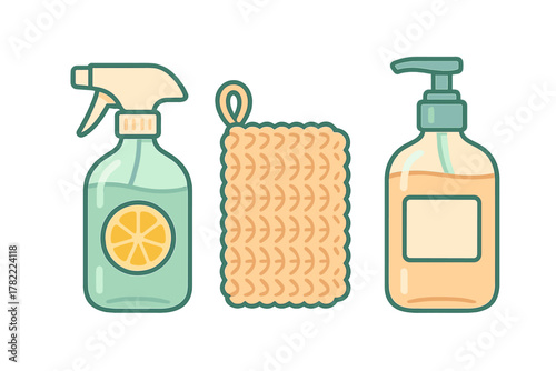 Eco-friendly zero waste cleaning tools like a natural scrubber, spray bottle, and liquid soap dispenser
