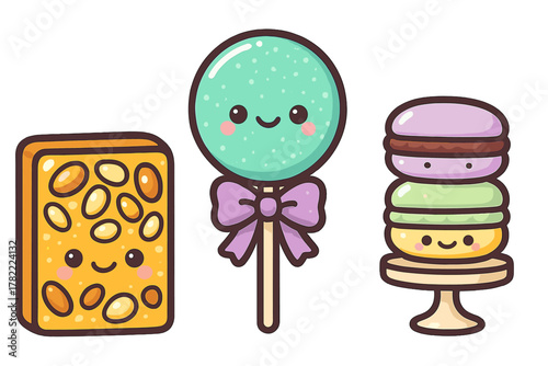 Adorable cartoon dessert characters featuring a smiling lollipop, nut brittle bar, and stacked macarons