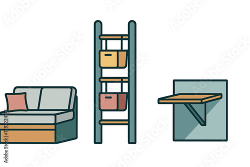Modern furniture set with comfortable sofa, tall storage ladder shelf, and practical wall-mounted folding table
