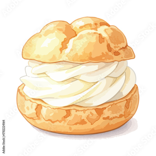 Vector Illustration of Cream Puff Pastry with Whipped Cream in Modern Realistic Style with Warm Beige and Cream Colors