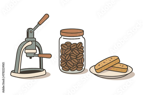 Manual espresso machine, glass jar full of roasted coffee beans, and biscotti cookies on a plate