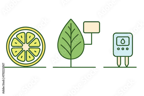 Citrus fruit, monitored plant leaf, and soil testing device symbols