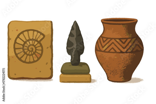 Ancient ammonite fossil slab, prehistoric stone arrowhead, and decorated clay pot artifacts