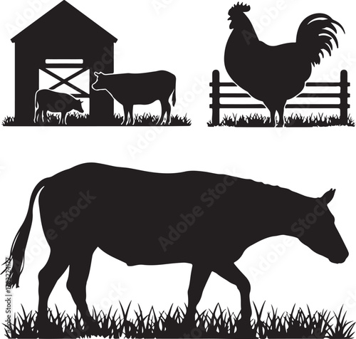 Farm Animals Silhouette Cow, Rooster, and More