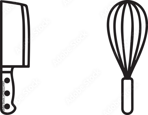 Simple Black and White Outline of a Chef's Knife and a Whisk on a White Background                                                                    