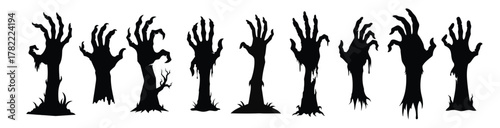 Row of black silhouettes of creepy zombie hands rising from the ground isolated on a white background. Eerie monster hands set. Concept of horror, Halloween. Print, icon, design elements