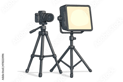 Professional digital camera and studio light setup on tripods for photography and video production