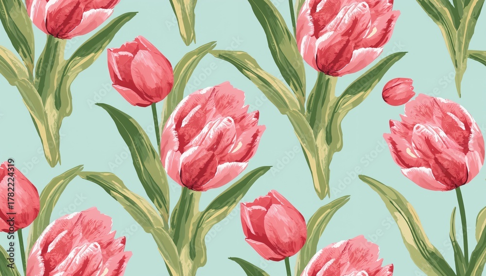 Obraz premium Seamless tulip design featuring big pink blossoms and green foliage on a pale blue backdrop. Perfect for textiles, wallpapers, gift wrap, and invitations.