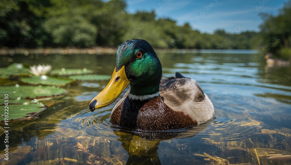 Obraz premium Closeup of a male Mallard duck gliding through clear lake water, focus on natural habitat