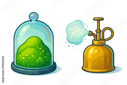 Vintage brass sprayer misting water next to a glass dome cloche covering a green plant