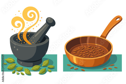 Traditional spice preparation: Grinding with mortar and pestle and dry roasting seeds