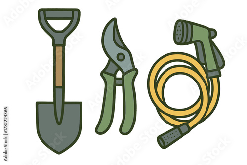 Set of essential gardening tools including spade, pruning shears, and coiled water hose