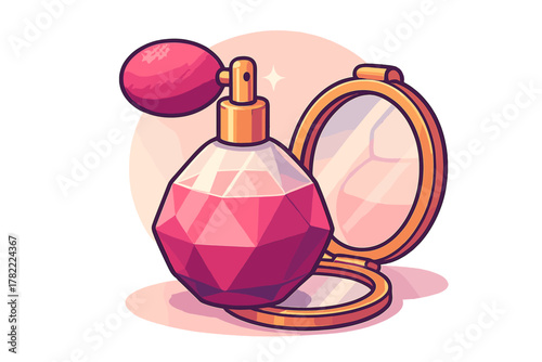 Stylized geometric perfume bottle and vintage compact mirror for beauty and cosmetic themes