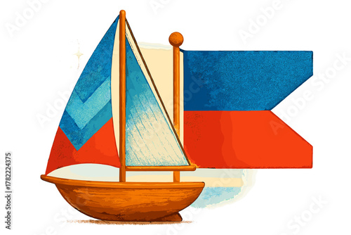 Decorative sailing boat model featuring a textured wooden hull and a large pennant flag