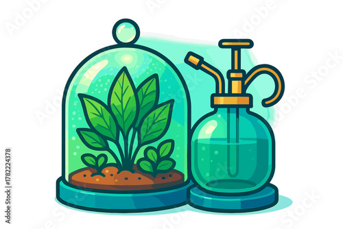 Lush green plant growing under a protective glass cloche next to a retro style water sprayer bottle