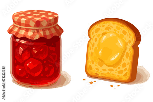 Jar of sweet cherry jam next to a slice of golden toasted bread with melted butter spread