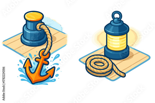 Isometric set of nautical elements including a ship anchor, bollard, coiled rope, and glowing marine lantern