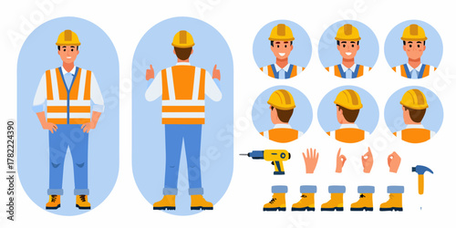 Construction worker character kit with various poses and accessories for design projects