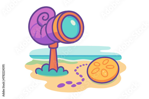 Colorful seashell telescope looking at a sand dollar on a tropical beach shore