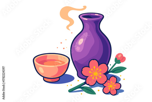 Japanese sake set with purple tokkuri, steaming ochoko, and pink cherry blossoms