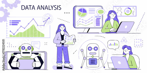 Data analysis concept with people and robots working with charts and graphs on screens
