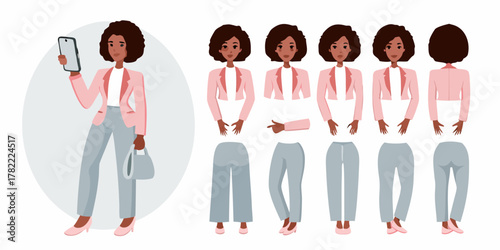 Businesswoman character design with multiple poses and views for animation and illustration projects