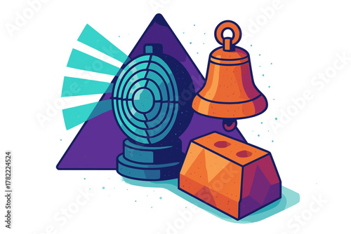 Stylized composition of a searchlight, hanging bell, and geometric orange block on a purple triangle
