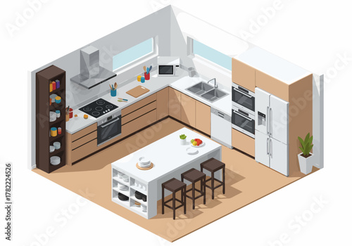 This isometric vector illustration depicts a clean, contemporary kitchen with an L-shaped layout, light wood cabinetry, and a functional white central island with bar seating