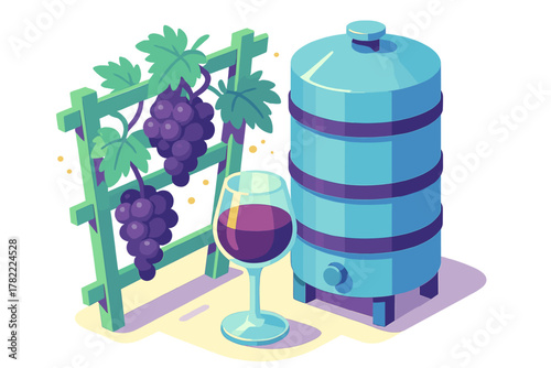 Isometric scene of grape clusters on a trellis next to a large fermentation tank and a wine glass