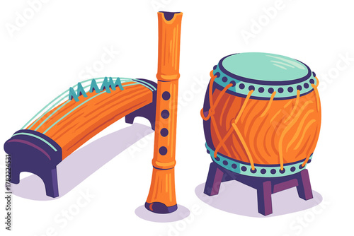 Traditional Japanese musical instruments set including koto, shakuhachi flute, and taiko drum
