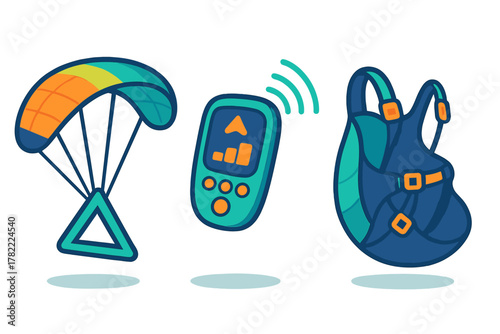 Colorful paragliding equipment set with canopy, GPS device, and safety harness backpack
