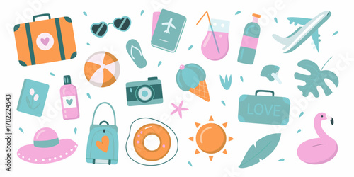 Collection of summer vacation travel icons and symbols for holiday adventures