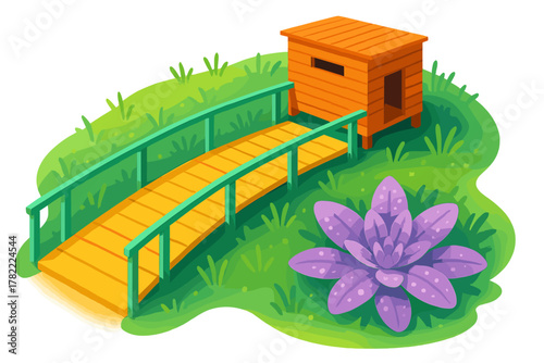 Colorful isometric landscape with wooden footbridge, small house, and large purple succulent plant