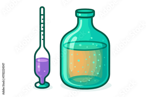 Scientific laboratory equipment showing a hydrometer and a glass carboy filled with bubbling liquid