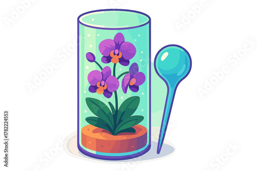 Stylized purple orchid plant growing in a glass terrarium next to a bright blue watering spoon